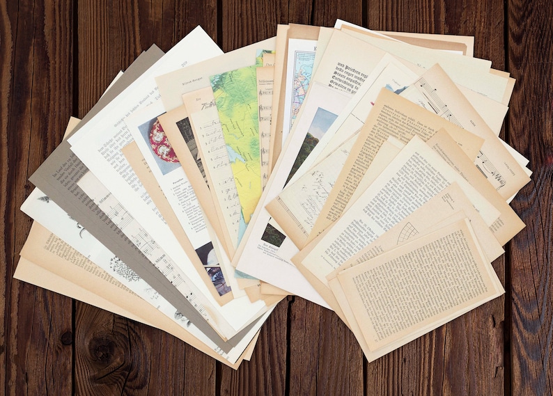 Vintage Papierset mit 75 Bögen Große vintage Buchseiten, Notenseiten, Landkarten, Bilderseiten Gemischtes vintage Papier Bild 1