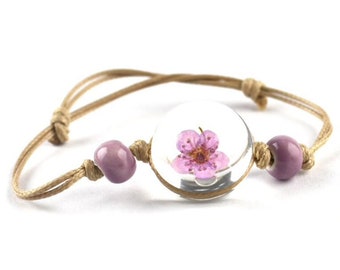 Armband beige echte Blume - Lila