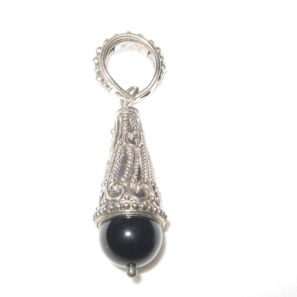 Suarti Bali BA 925 1 1/8"L Sterling Silver and Black Onyx Cone Drop Pendant Enhancer 7g Vintage