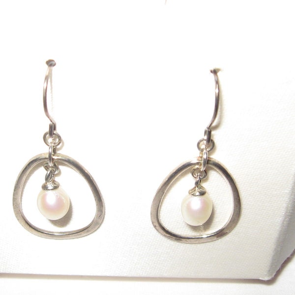 Vintage Jacmel Mauritius JCM Sterling Silver and Pearl Squared Bottom Teardrop Drop Dangle Earrings