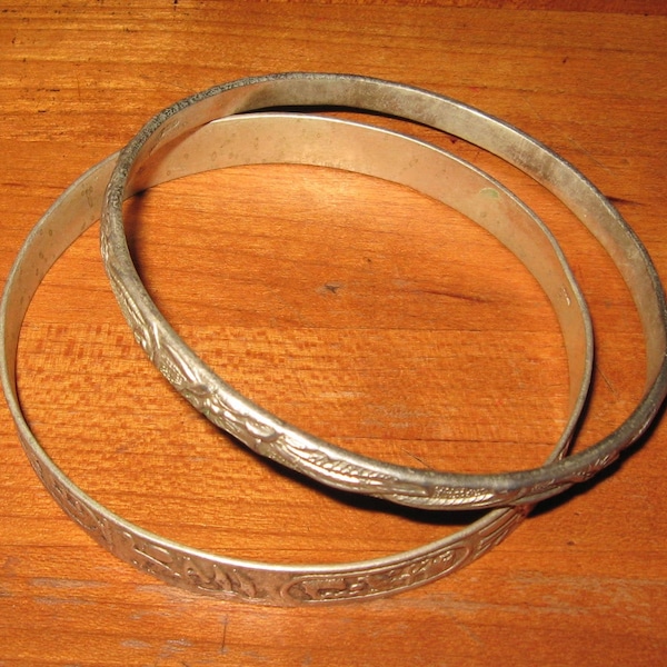 Two (2) Sterling Silver Bangle Bracelets - Vintage Miguel Alonzo - Taxco Mexico - Mayan Symbols