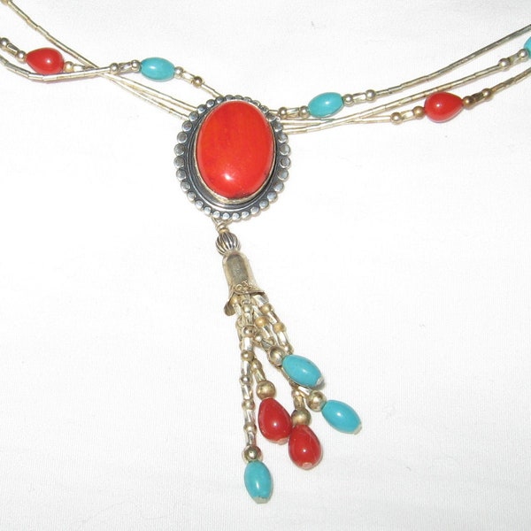 Q.T. Quoc Turquoise Sterling Silver and Red Jasper Vintage 16" Chain (w/ 3.5" Extender) Lavalier / Pendant Style Necklace