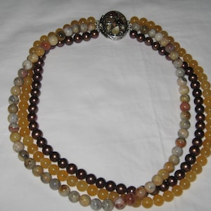 Triple (3) Strand Beaded Round Jasper, Quartz, Cultured Pearl, Tiger&#39;s Eye Gemstone Necklace With Sterling Silver Stone Embedded Clasp