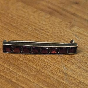 Può includere: Un fermaglio a barra d'argento con una fila di pietre preziose rosso scuro.