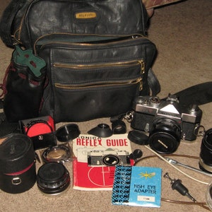 Vintage 1968-70 KONICA Autoreflex T Camera with SOLIGOR Zoom Lens & Accessories