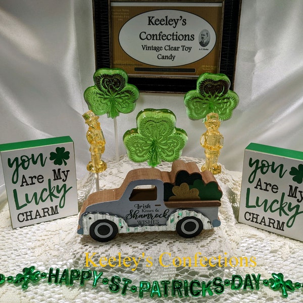 St. Patrick's Day Clear Toy Candy, Barley Lollipops 5 Count Vintage Lucky Charm Collection