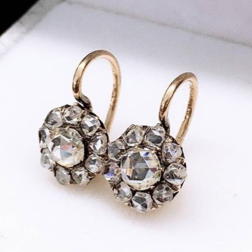 Classic Solid Diamond and Gold Drop Earrings Antique Austro - Etsy