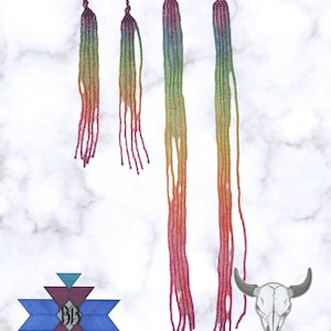 May include: Three pairs of long, colorful beaded earrings. The earrings are made with small, iridescent beads in shades of pink, orange, yellow, green, blue, and purple. The earrings are all about 6 inches long.