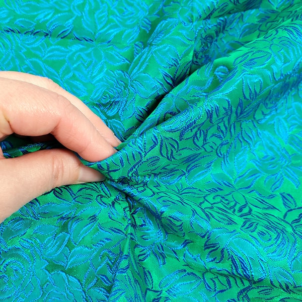 60's Rose Brocade Jacquard Emerald Green & Blue