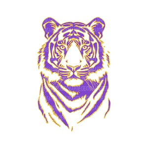 Puede incluir: Ilustración detallada de la cara de un tigre, en morado y dorado. El diseño presenta un intrincado trabajo de líneas, destacando los rasgos faciales y los patrones de pelaje del tigre. La imagen está sobre un fondo blanco.