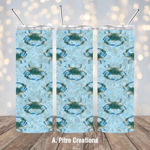 Blue Crab Tumbler Wrap PNG, 20oz seamless, water color Crab, sea shell, Louisiana, Cajun, PNG, sublimation tumbler wrap design, Digital File