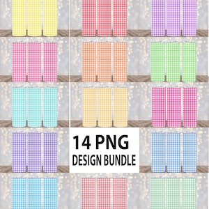 May include: A set of 14 PNG designs featuring various gingham patterns in different colors. The designs are perfect for creating custom tumblers, mugs, or other DIY projects. 14 PNG DESIGN BUNDLE