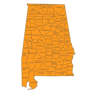 Téléchargement numérique de la carte des comtés de l'Alabama - fichiers Jpeg, Png, Svg, Dwg, Pdf et Illustrator