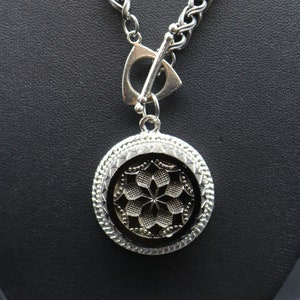 Victorian Black Glass Button Necklace: Antique Silver Accent, Stainless Steel Chain
