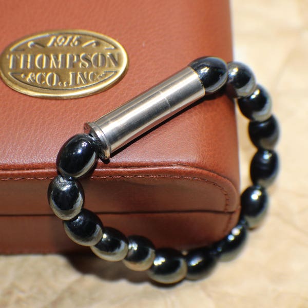 Vintage Men's Upcycled 357 Magnum Bullet Casing Stretch Bracelet Large RemingtonPeters 357 Magnum Casing Stainless Steel Black Ceramic Beads