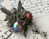 Recycled Vintage Fairy Collage Pin Brooch Upcycled Pewter Fairy Rhinestone Pearl Dangle Pink Glass Flower