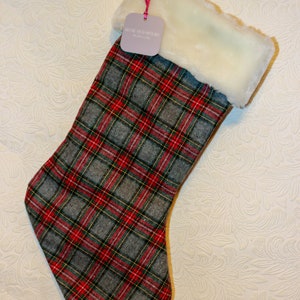 Cozy Gray Wool Plaid Christmas Stocking with White Faux Fur Cuff - Handmade - Recreated History