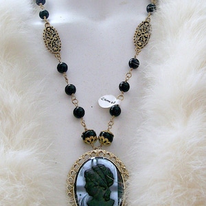 Vintage Victorian Cameo Necklace: Black Glass Rosary, Gold Brass Chain