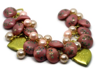 Button Heart Charm Bracelet - Pink Glass Buttons - Brass Heart Lockets - Vtg Japanese Glass Pearls - Upcycled Bracelet - RecreatedHistory