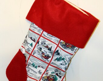 Nostalgic 1950s Christmas Print Christmas Stocking - Handmade - Red Felt Cuff, Toe and Heel