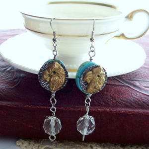 Parrot Button Necklace Earrings Set, Antique Parrot Picture Buttons, Upcycled Vintage Crystal Bead Dangle on Silk Ribbon, Recreated History