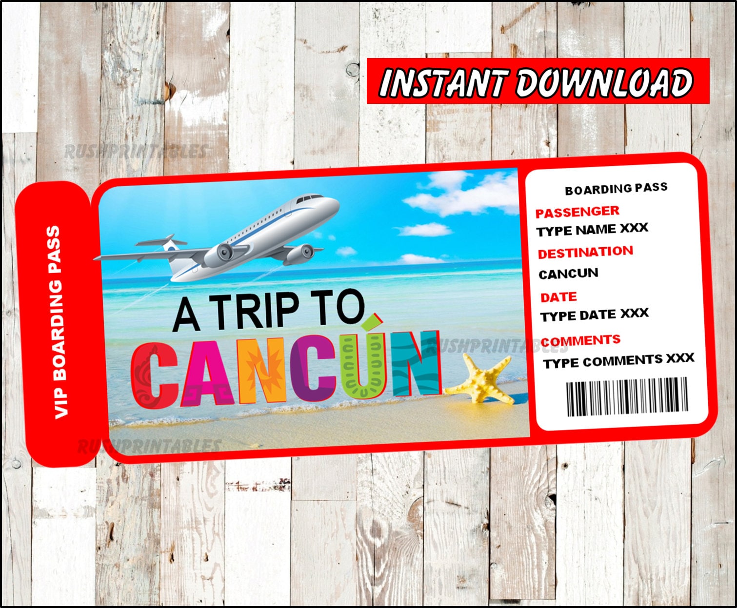 Printable Ticket to Cancun Boarding Pass, Customizable Template