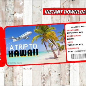 Printable Ticket to Hawaii Boarding Pass, Customizable Template, Editable Digital File You Fill and Print INSTANT DOWNLOAD