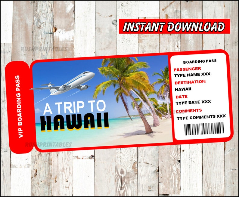 Printable Ticket to Hawaii Boarding Pass, Customizable Template