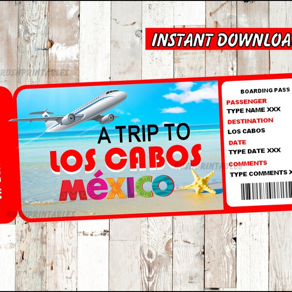 Printable Ticket to Los Cabos Boarding Pass, Customizable Template Editable PDF, Digital File, You Fill and Print INSTANT DOWNLOAD