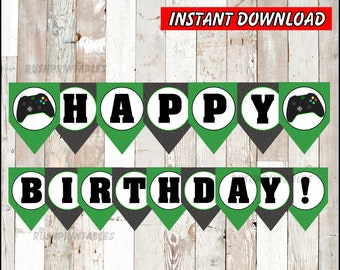 May include: Green and black printable banner with the words "Happy Birthday!" and a video game controller graphic.