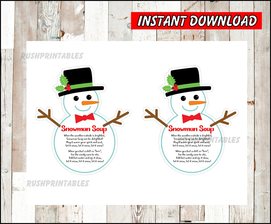 Snowman soup tag printable christmas activity holiday tags etsy