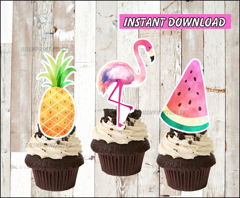 Printable Pool Party Toppers Pineapple party Toppers Flamingo Cupcakes toppers instant download