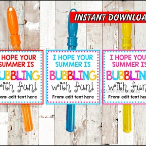 Hope Your Summer Bubbles with Fun, Editable End of School Year Tags, Classmate Gifts, Instant Download
