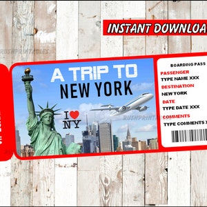 Printable Ticket to New York Boarding Pass, Customizable Template, Editable Digital File You Fill and Print INSTANT DOWNLOAD