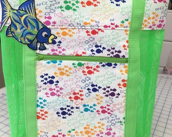 Neon green vinyl mesh tote bag with fish fabric and embroidery