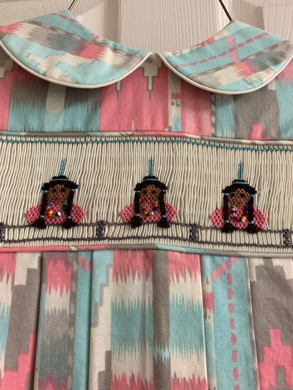 Girls Size 7 Dress With Smocked Insert of Native American Indian Girls,  Beaded Necklaces, Hot Pink and Turquoise Indian Print Fabric. 