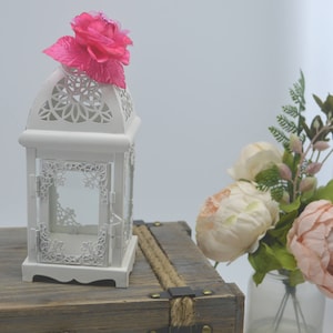 White Wedding 10 inch  Lantern Centerpiece. Wedding Decor. Wedding Table Centerpieces. Centerpiece, Flower is removable. Wedding Reception