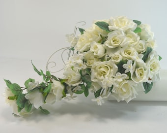 Beautiful Charming Cascade  Bridal Bouquets, Lovely rose cascading bouquet.e Wedding Flowers-Bride Bouquet-White Rose lily Wedding