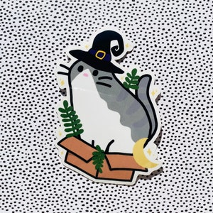 May include: A gray and white cat wearing a black witch hat sits in a brown box with green leaves. The cat has a crescent moon above its head.