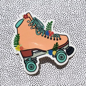 May include: A peach-colored roller skate with teal wheels and a white lace-up design. The skate is decorated with colorful flowers and green leaves.