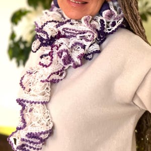 White & purple ruffle shawl for women, Violet layered scarf for lady, Decorative lightweight wrap, Romantic winter outfit, Christmas gift