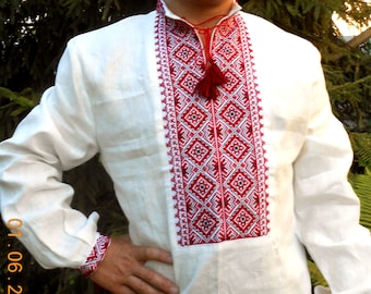 Ukrainian hand embroidered shirt for men White organic linen wedding costume Slavic red cross stitch embroidery Ethnic Christmas gift