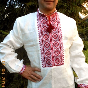 Ukrainian hand embroidered shirt for men White organic linen wedding costume Slavic red cross stitch embroidery Ethnic Christmas gift