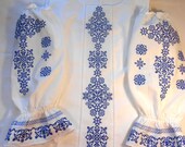Ukrainian off shoulder embroidered blouse for women Slavic blue embroidery White ethnic wedding costume Organic cotton Easter gift