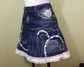 Upcycled denim laced skirt Recycled jeans women clothing Repurposed blue boho mini skirt Eco-friendly short skirt Easter gift for Cat mom