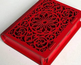 Boîte mandala en bois découpé au laser Boîte rouge pour cartes de tarot Rangement de bijoux Boîte à bijoux avec couvercle floral Autel de sorcière Boîte magique