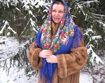 Blue Pavlovo Posad head scarf for women Ukrainian floral shawl Ethnic wrap with red roses Boho fringed scarf Retro Christmas gift