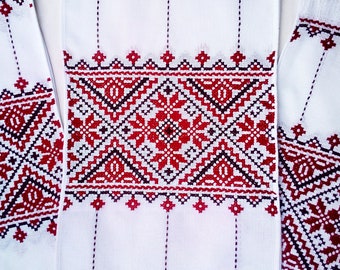 Ukrainian wedding rushnyk Hand embroidered cotton towel Slavic cross stitch embroidery Red table runner Ethnic icon decor Christmas gift