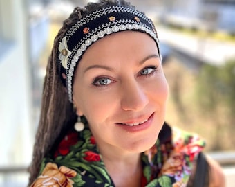 Ukrainian floral head crown Black ethnic headband for women with white flower & beads trim Traditional folk head wreath Easter gift
