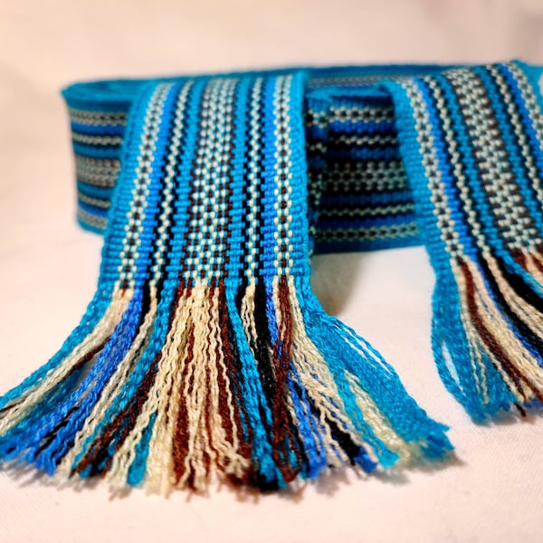 NEW! Turquoise woven belt Sky blue & brown hand crafted waistband Unisex ethnic sash Slavic boho gift Christmas gift